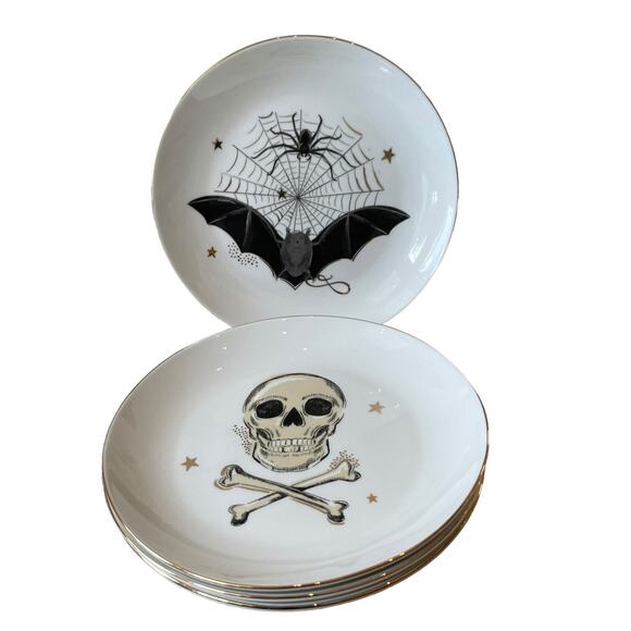 Potter's Studio Halloween Appetizer Plates 6in Bats & Skulls Set of 4 Spooky NEW - Picture 1 of 15